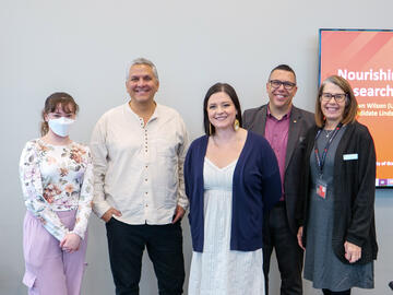 Photo of Tara Beattie, Lee Barrell, Mick Elliot, Dr. Shawn Wilson and Lindsay DuPré Fiddler.